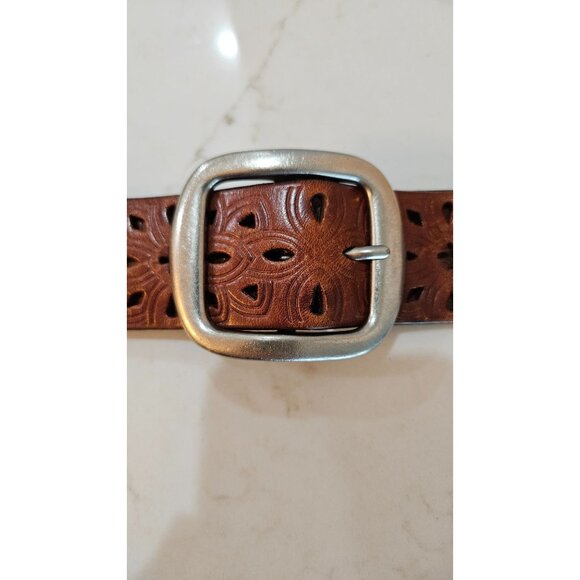 Fossil Leather Perforated Belt Brown Silver Buckle Womens S/M Floral Design - Picture 6 of 7
